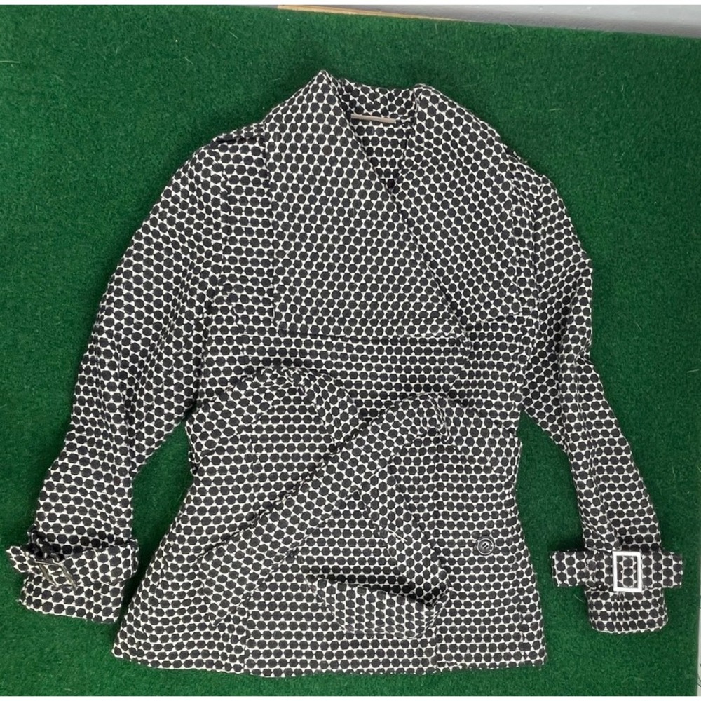 Kenar Womens Black White Geometric Honeycomb Belted Double Breasted Trench Coat